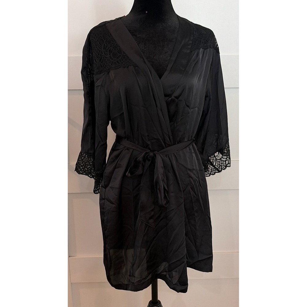 HM Black Satin Lace Trim Robe S Crochet Shoulder‎ Detail Wrap Belted Loungewear